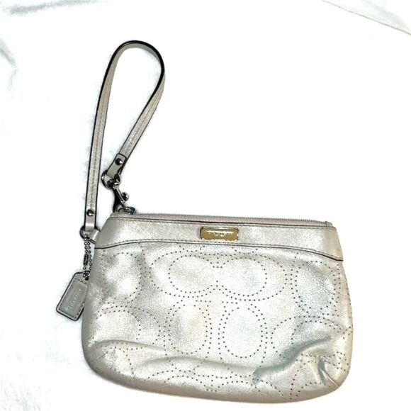 Coach Women's Gray Perforated Leather Wristlet - Picture 1 of 9